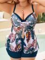 SHEIN Swim Classy Plus Size Women'S Plant Print Sleeveless Bikini Top And Bottom