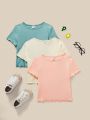 SHEIN Kids EVRYDAY 3pcs/Set Knit Round Neck Slim Fit Short Sleeve Casual T-Shirt For Tween Girls