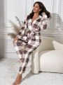 Buffalo Plaid Print Drop Shoulder Belted Flannel Lounge Set