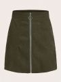 SHEIN Privé Solid Zip Up Corduroy A-line Skirt