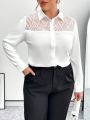 SHEIN Privé Plus Size Women's Mesh Patchwork Long Sleeve Shirt