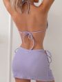 3pcs/set Purple Bubble Trim Bikini Swimsuit