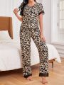 Women's Leopard Print Mesh Splicing Pajama Set