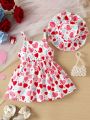 Baby Girl Heart Printed Dress With Bowknot Decoration And Straps