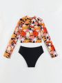 SHEIN Swim SPRTY Flower Print Splice Top With Solid Color Triangular Pants Bikini Set