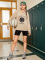 Street Sport Basketball Letter Print Drop Shoulder Sleeve Sporty Sweatshirt