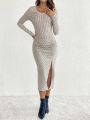 SHEIN Frenchy Ladies' Long Sleeve Side Slit Slim Fit Dress