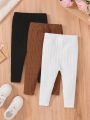 SHEIN 3pcs Baby Girls' Casual Knitted Elastic Waist Slim Fit Solid Color Long Pants Set