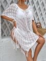 SHEIN Swim BohoFeel Women's Solid Color Hollow Out Knit Fringed Loose Cover Up