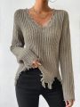 SHEIN Essnce Drop Shoulder Distressed Sweater
