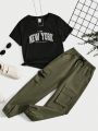 SHEIN Kids HYPEME Tween Girls' Letter Printed Short Sleeve T-Shirt + Workwear Pants Casual Outfit