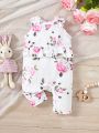 SHEIN Newborn Baby Girls' Simple Printed Rose Sleeveless Romper For Daily Wear In Summer