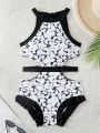 Women's Halter Neck Floral Print Cut-out Monokini Swimsuit