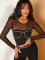 Sarah LA Rhinestone Detail Contrast Mesh Crop Top