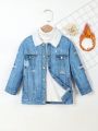 SHEIN Kids HYPEME Young Girl Figure & Letter Graphic Thermal Lined Denim Jacket