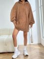 SHEIN EZwear Kangaroo Pocket Drop Shoulder Drawstring Teddy Hoodie Dress