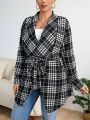 SHEIN Privé Plus Size Plaid Waterfall Collar Coat With Belt