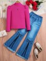 SHEIN Kids CHARMNG 2pcs Teen Girls' Bubble Sleeve Long Sleeve Stand Collar T-Shirt And Jeans Printed Pants