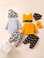 SHEIN Baby Boy Cartoon Letter Pattern Bodysuit, Pants, Top, Hat, Gloves, Bib Gift Set