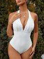 SHEIN Swim SXY Ladies' Solid Color Halter V-Neck One-Piece Swimsuit