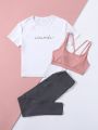 Yoga Trendy Criss Cross Back Sports Bra & Letter Graphic Sports Tee & Sports Leggings workout set