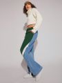 Asavvy Colorblock Drawstring Waist Straight Leg Jeans