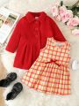 Baby Girls' Woolen Coat Twill Skirt Set, Elegant & Cute Plaid Pink 2pcs