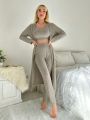 3pcs Solid Ribbed Knit Lounge Set With Robe