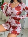 Women's Cherry Printed Button-up Pajama Romper