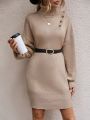 SHEIN Privé Turtleneck Button Detail Drop Shoulder Sweater Dress Without Belt