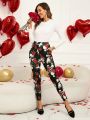 EMERY ROSE Valentine's Day Women Floral Printed Slim Fit Long Pants