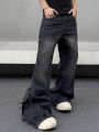 Men's Water Washed Black Fashionable Fringed Flared Jeans