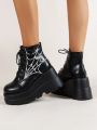 Lace-up High Top Thick Platform Gothic Boots For Women, Increase Height & Combat Style & Outdoor, Wedge Heel & Motorcycle Boots