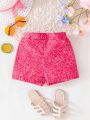 SHEIN Kids QTFun Toddler Girls' Sparkly Printed Cute Shorts For Summer