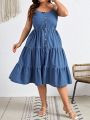 SHEIN VCAY Plus Size Women'S Casual Loose Fit High Waist Denim Cami Dress In College Style