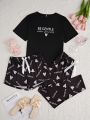 Women's 3pcs/set Letter Printed T-shirt, Shorts And Long Pants Homewear Set