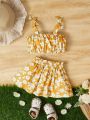 SHEIN Baby Floral Print Bow Shoulder Wide Strap Top & Paperbag Waist Skirt