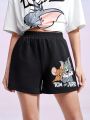 TOM & JERRY X SHEIN Cartoon Letter Print Shorts