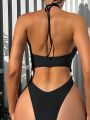 SHEIN Swim SXY Women's Black Halterneck Ring Decor One Piece Swimsuit