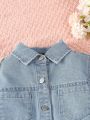 Little Girls' Casual And Comfortable Fitted Bubble Sleeve Denim Top