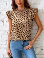 SHEIN LUNE Round Neck Short Sleeve Blouse With Ruffle Hem And All-over Print