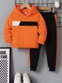 Young Boy Fashionable Color Block Splicing Long Sleeve Hooded Loose Comfortable Long Pants Athletic Suit For Autumn