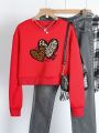 Women'S Leopard Heart Print Round Neck Pullover Sweatshirt