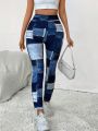 SHEIN Essnce Faux Denim Patchwork Printed Leggings