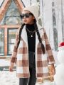 SHEIN Kids Cooltwn Tween Girl Buffalo Plaid Pattern Lapel Collar Coat