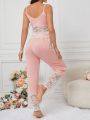 Ladies Lace Patchwork Cami Top And Shorts Sleepwear Set