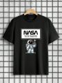 Men'S Plus Size Cartoon Astronaut & Slogan Print Short Sleeve T-Shirt