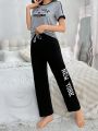 Letter Print Short Sleeve T-Shirt And Long Pants Pajamas Set