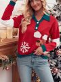 SHEIN Essnce Christmas Pattern Contrast Trim Drop Shoulder Polo Neck Sweater
