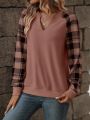 Plaid Notched Collar Raglan Sleeve Sweatshirt